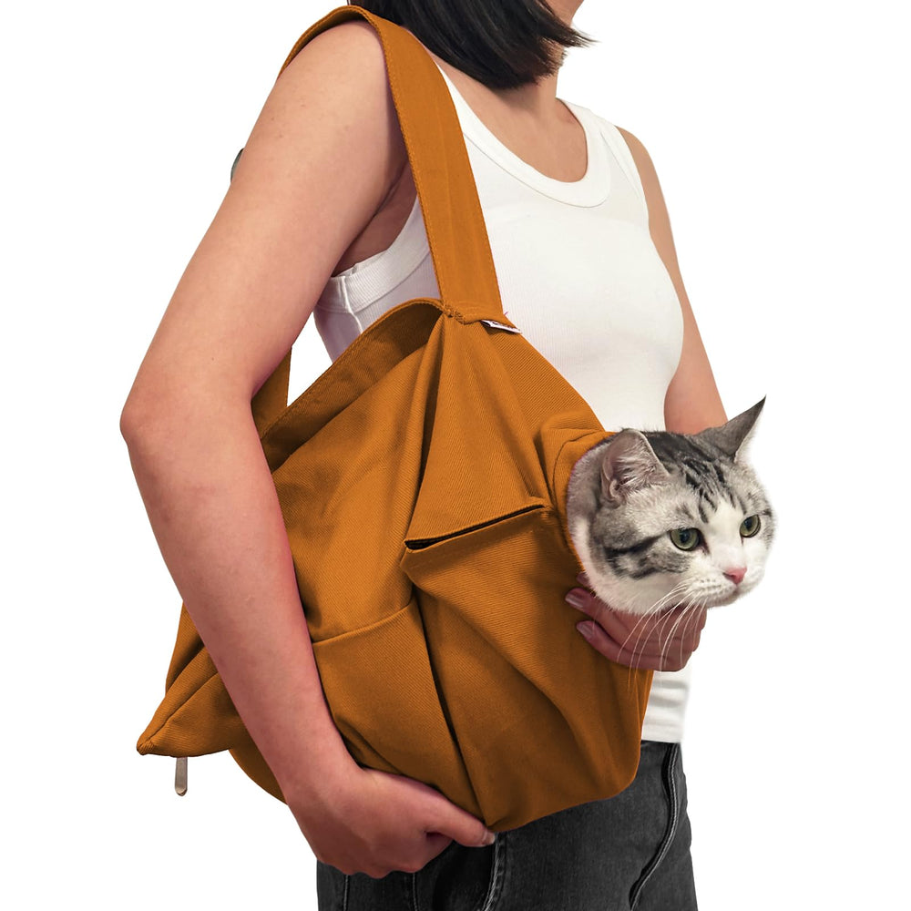 Amkune Cozy Travel cat carrier pouch front view in caramel color.
