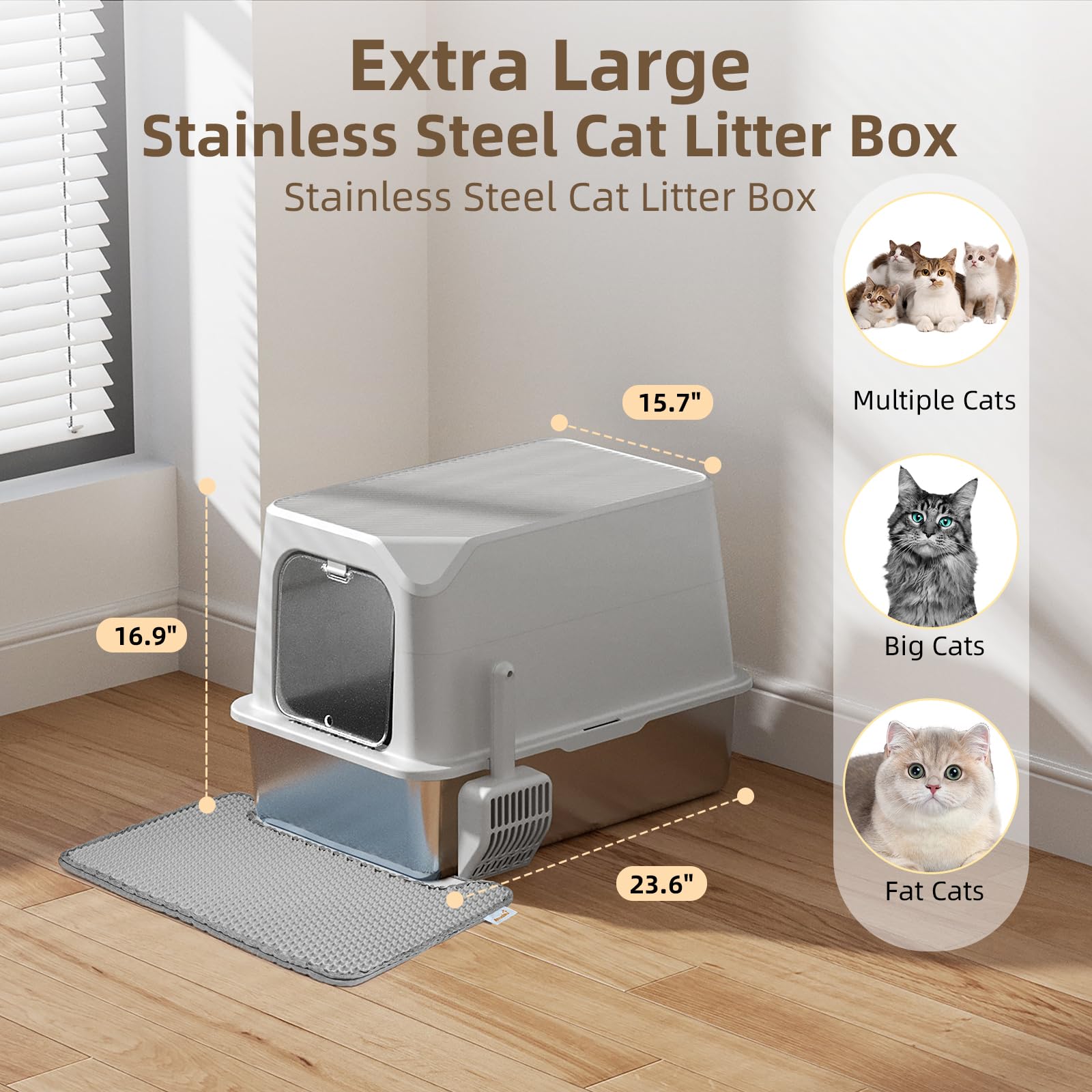 Amniau durable stainless steel litter box emphasizes longevity and low maintenance.