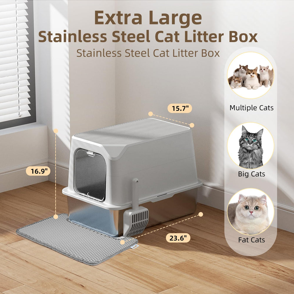 Amniau durable stainless steel litter box emphasizes longevity and low maintenance.