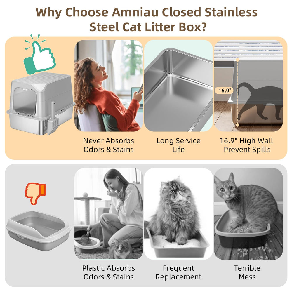 Amniau stainless steel cat litter box enclosed setup showing privacy design.
