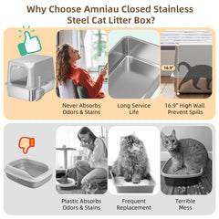 Amniau stainless steel cat litter box enclosed setup showing privacy design.