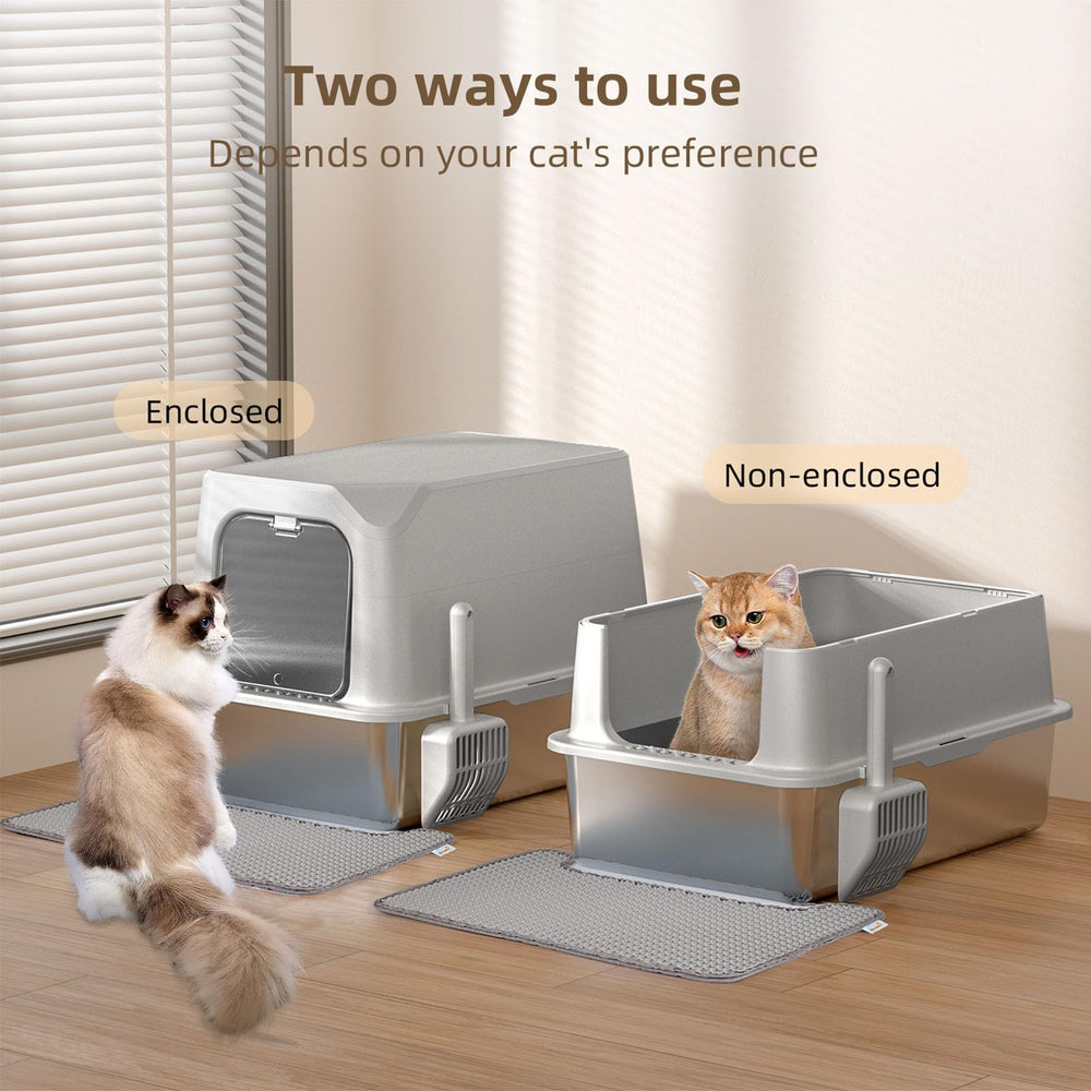 Amniau stainless steel cat litter box semi-enclosed view for open space.
