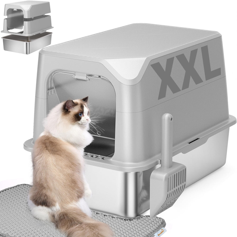 Amniau stainless steel cat litter box with lid for privacy and odor control.