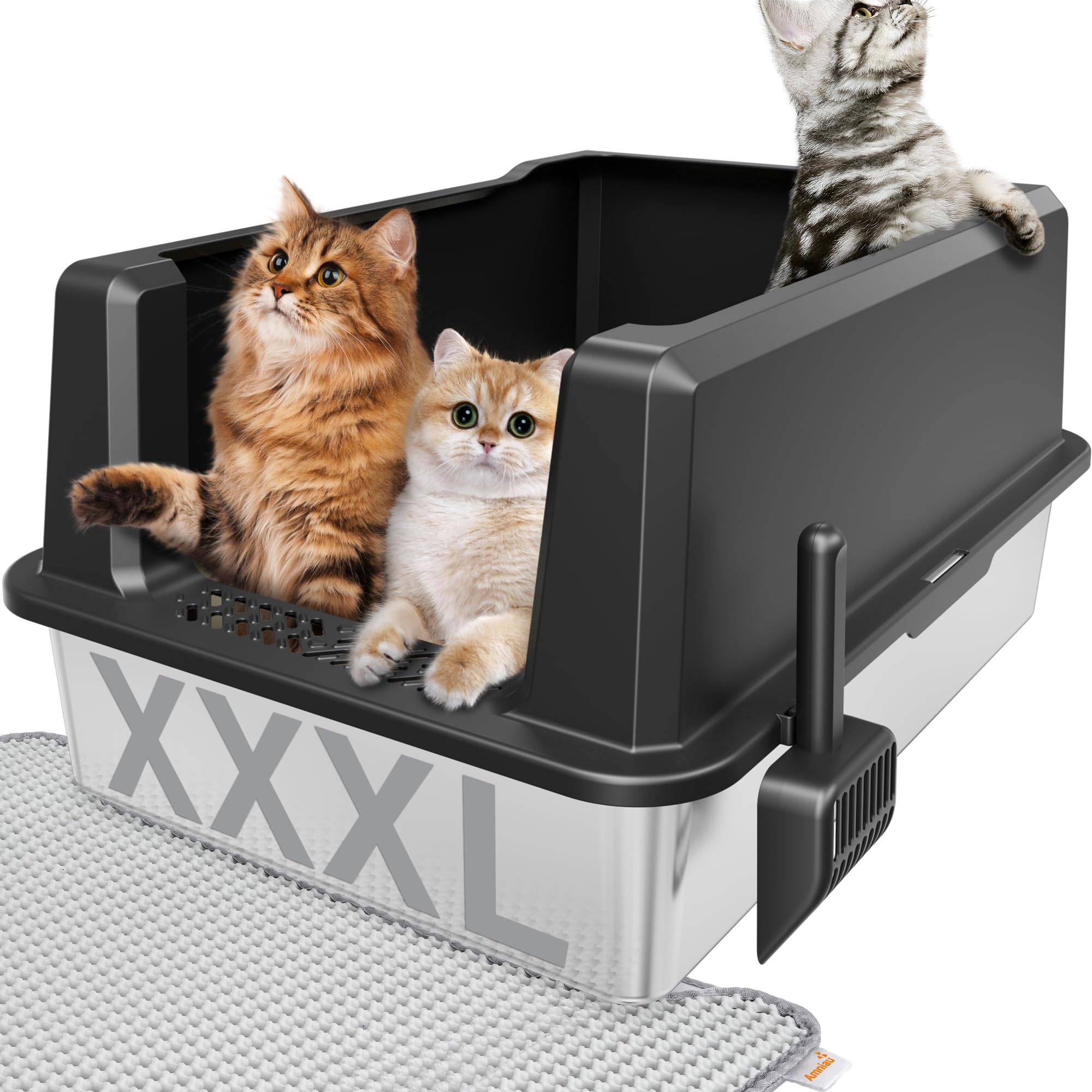Amniau stainless steel jumbo open litter box front view showcasing rust-proof, durable build.