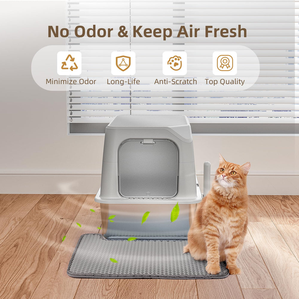 Amniau stainless steel litter box set includes lid, mat, scoop for complete setup.