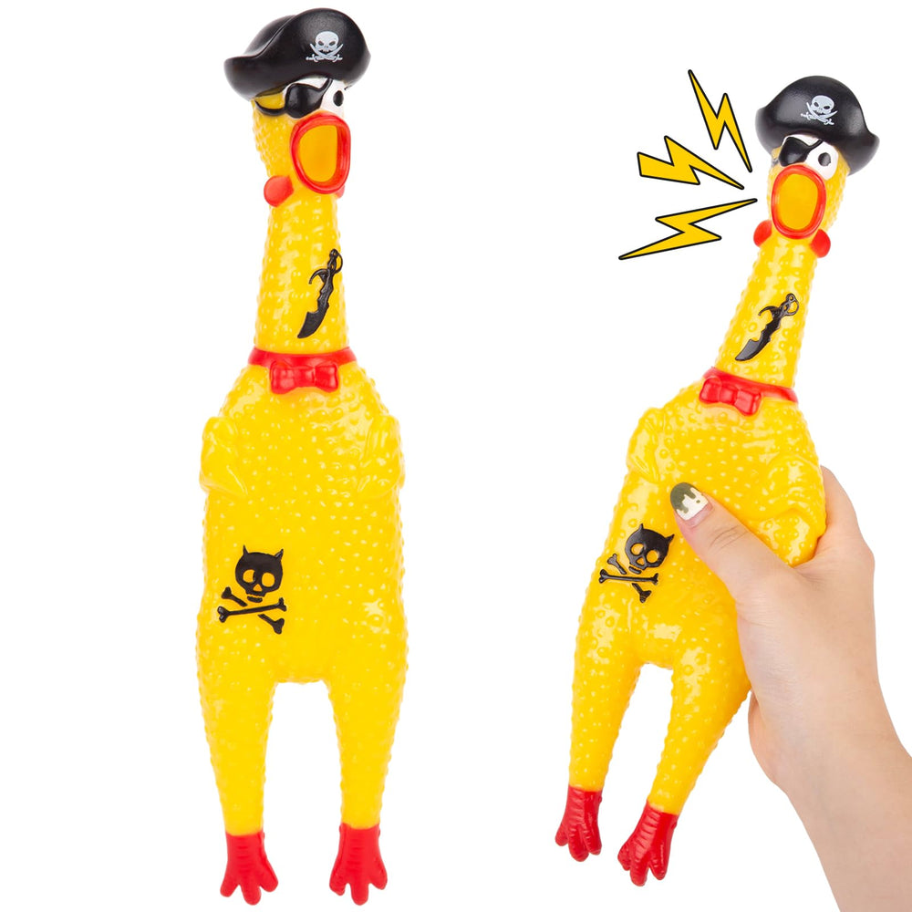 AMOR PRESENT squeaky chicken wearing pirate hat for Halloween party fun.