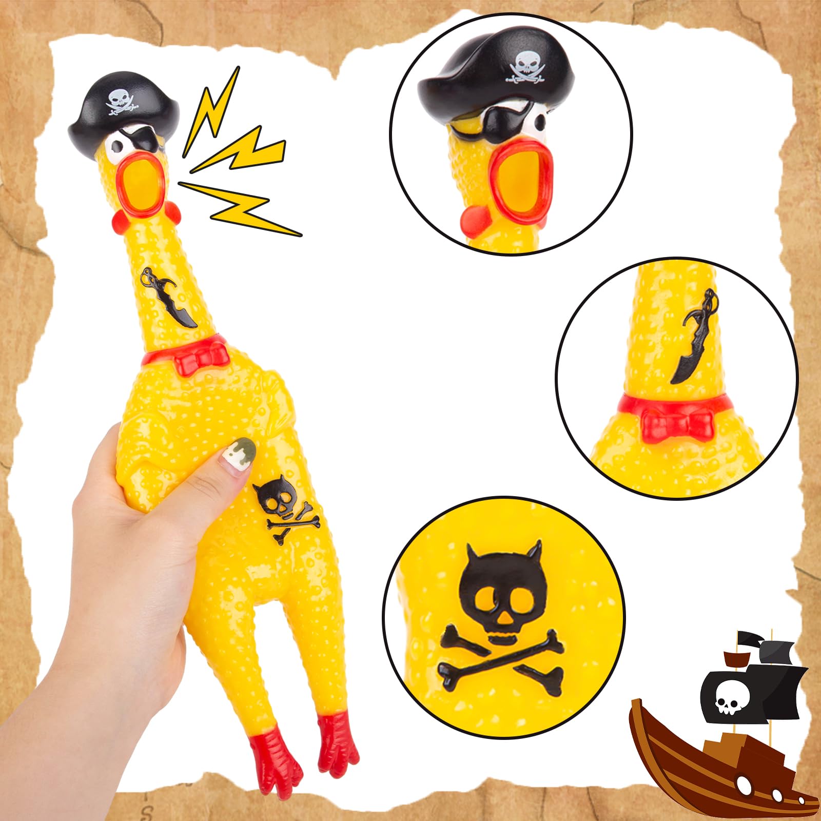 AMOR PRESENT squeaky chicken with pirate tattoos as party favorite.