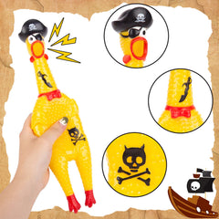 AMOR PRESENT squeaky chicken with pirate tattoos as party favorite.