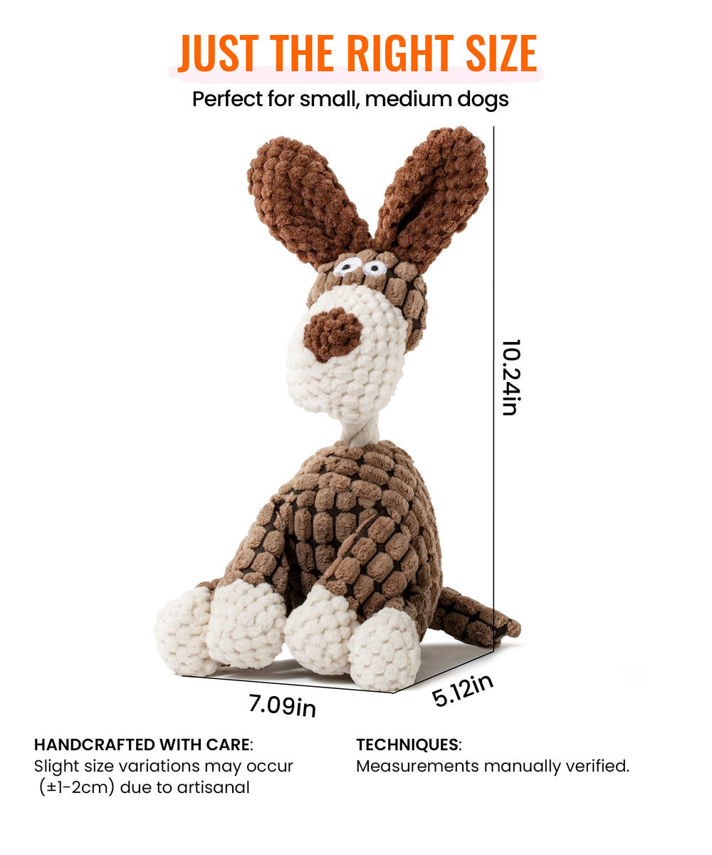 AmorousCat squeaky plush dog toy brown side view for engaging entertainment.