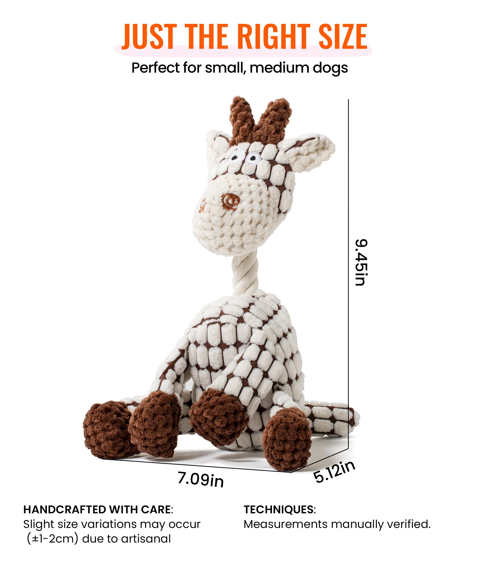 AmorousCat squeaky plush dog toy, white giraffe stitching detail for durability.