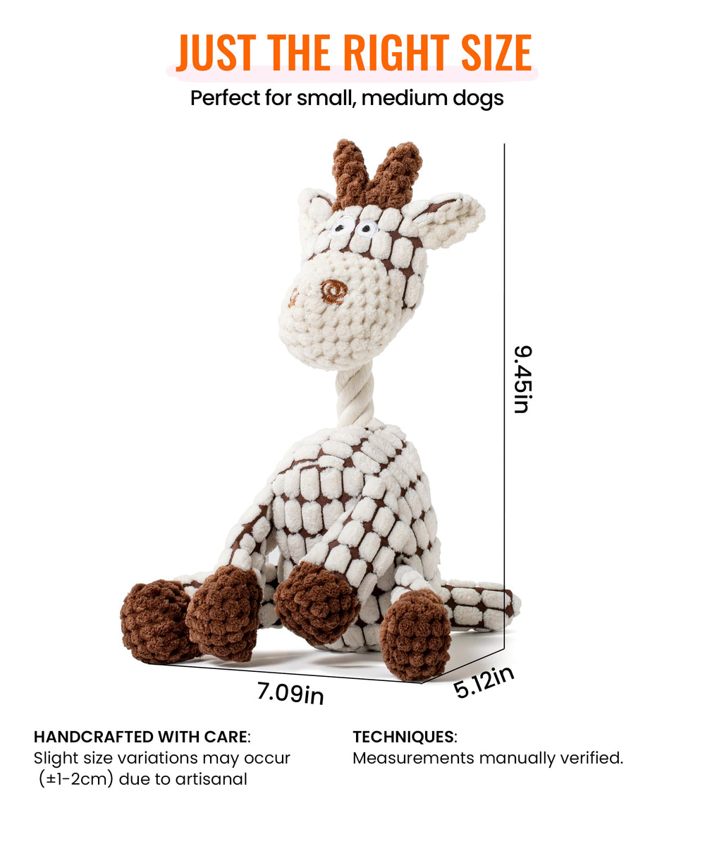 AmorousCat squeaky plush dog toy, white giraffe stitching detail for durability.