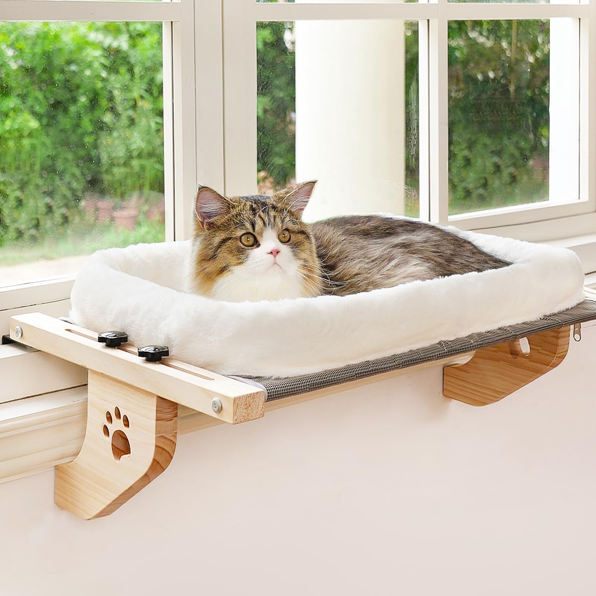 AMOSIJOY cat sill window perch assembly shows sturdy mounting for larger cats