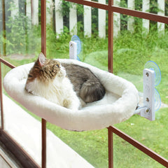 AMOSIJOY cordless cat window perch with padded cover for secure, comfy sunbathing.