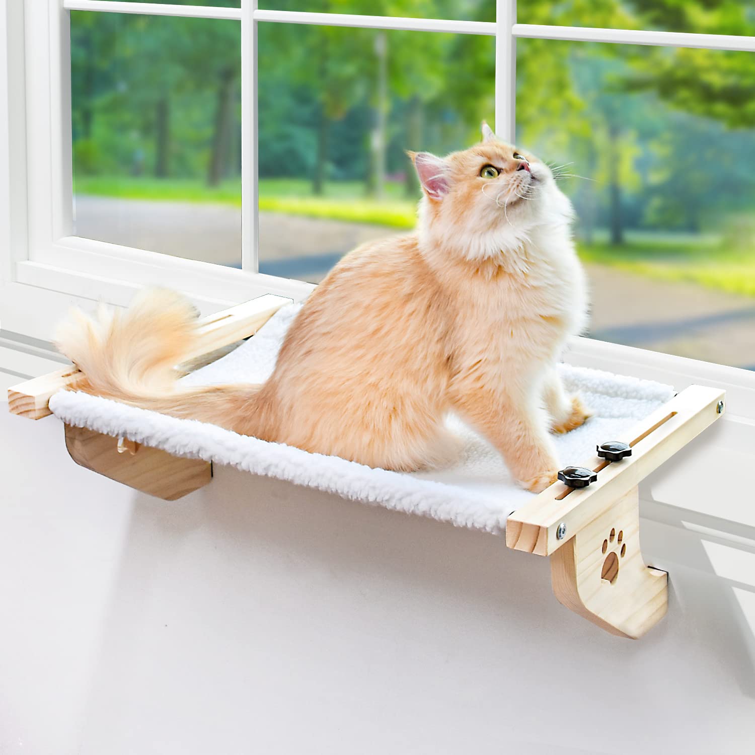 AMOSIJOY cat sill window perch wooden frame demonstrates sturdy construction for confident lounging.