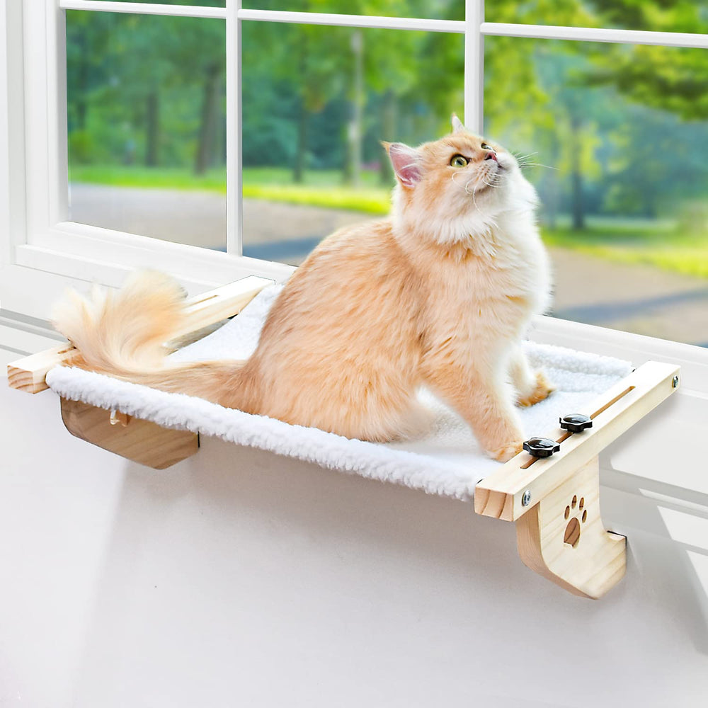 AMOSIJOY cat sill window perch wooden frame demonstrates sturdy construction for confident lounging.