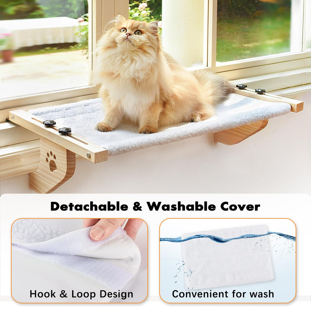 AMOSIJOY cat window perch assembly step highlights easy setup without tools.