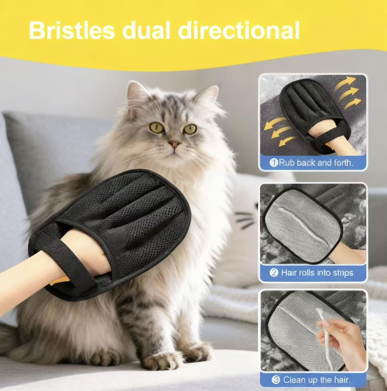 Amouy glove gliding over fabrics for all-surface hair removal.