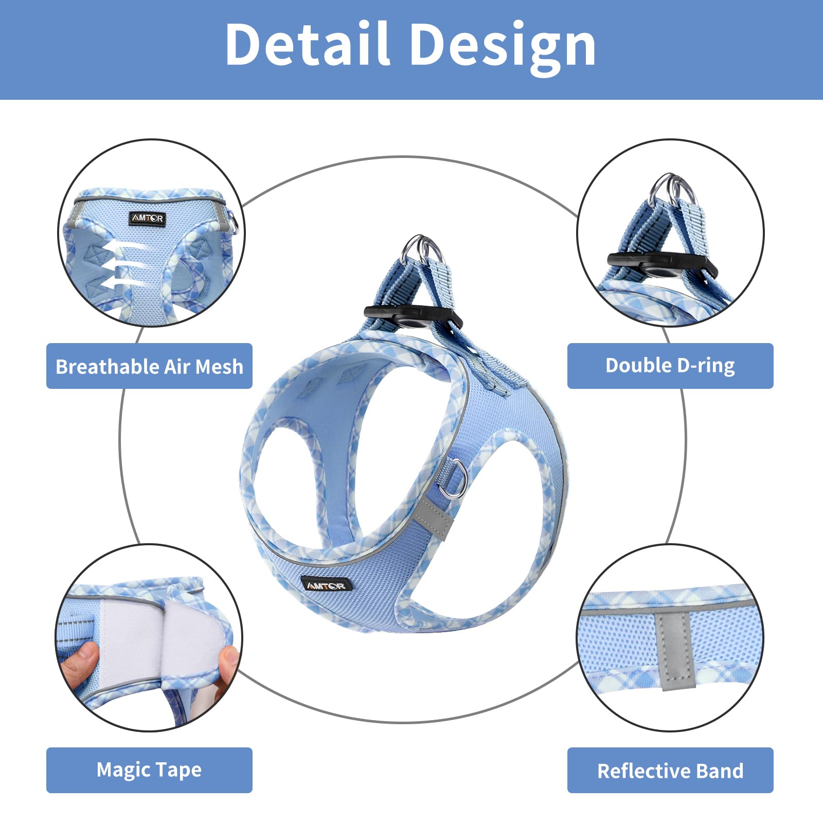 AMTOR small dog harness blue with reflective strips improves visibility during evening strolls.
