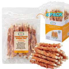 Amzey 24oz chicken wrapped rawhides packaging highlighting value pack and portability.