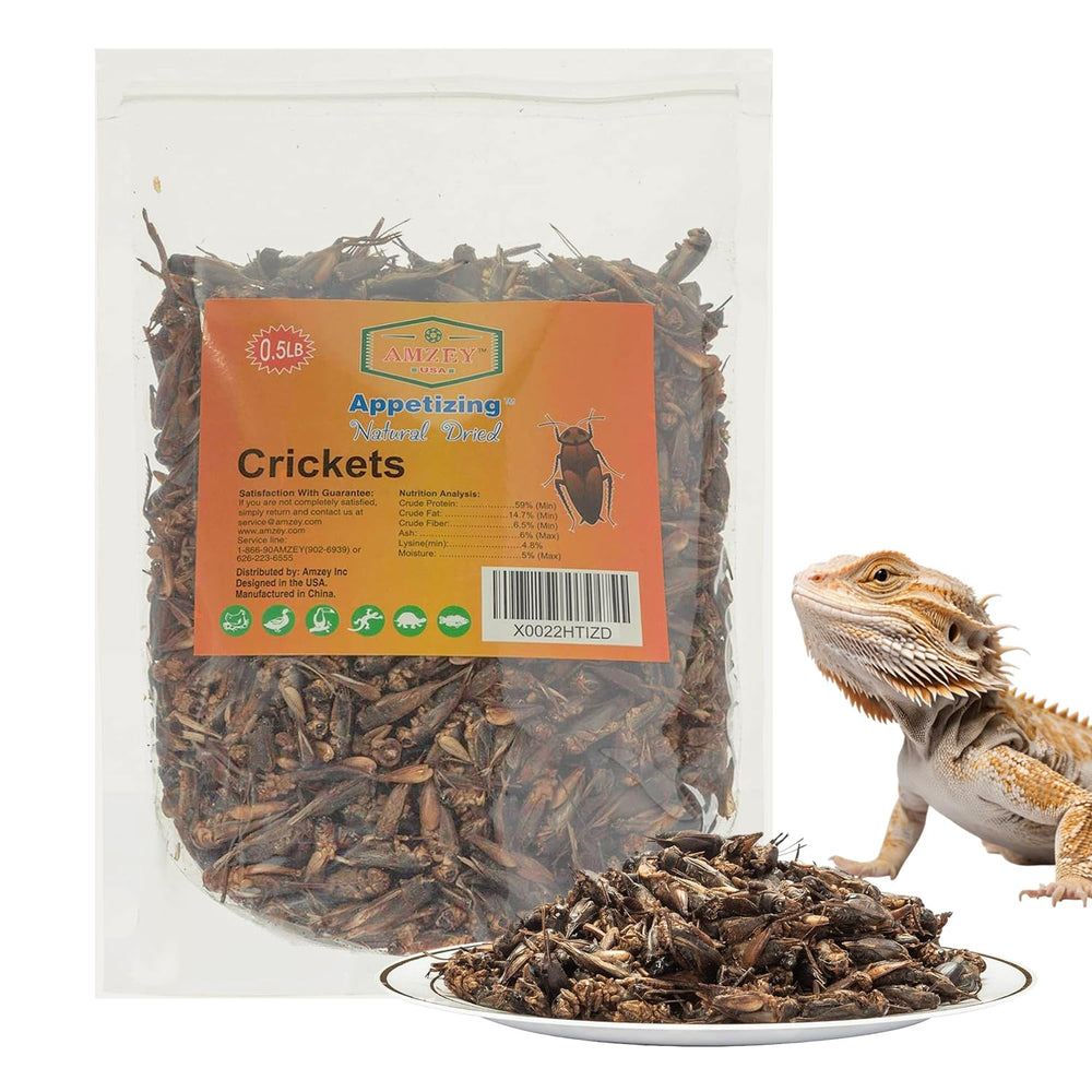 Amzey Appetizing Mealworms natural dried crickets in a resealable bag for convenient reptile feeding.