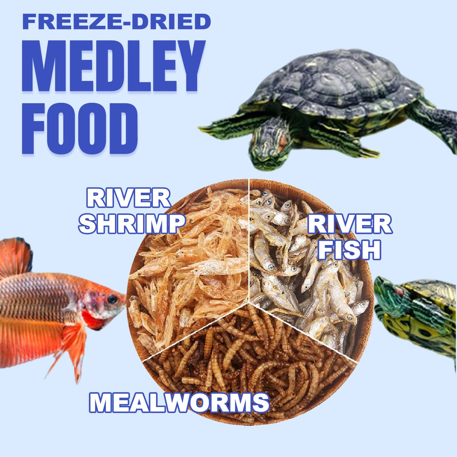 Amzey turtle medley ingredients: river shrimp, mealworms, gammarus provide protein