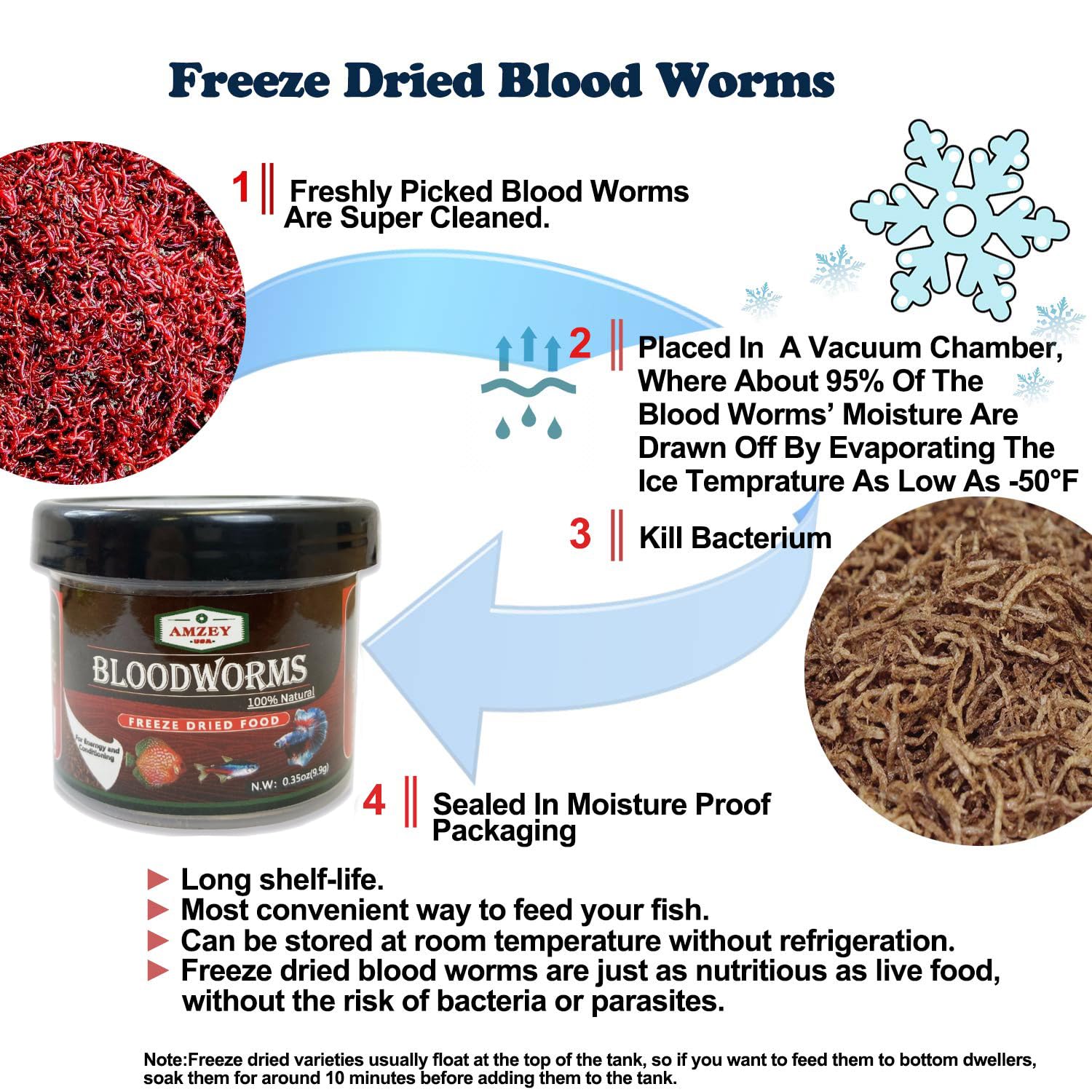 Amzey Blood Worms freeze-dried detail highlights high-protein texture ideal for growth and color