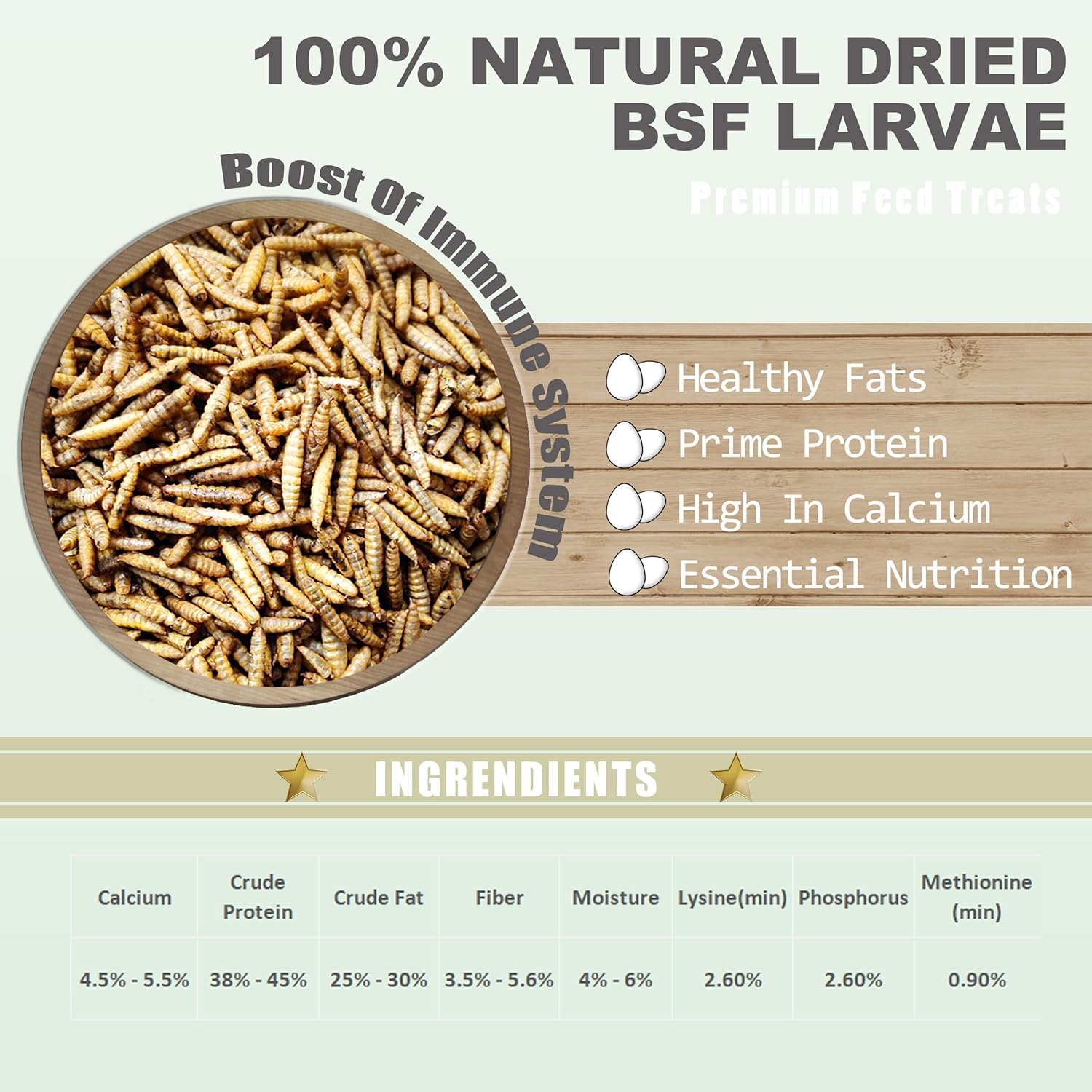 Amzey BSF larvae poultry treat boosts egg quality and daily protein intake.