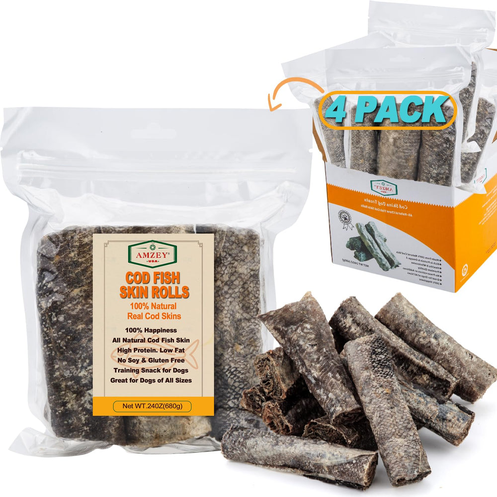 Amzey cod skin dog treats in a resealable bag for fresh on-the-go snacking.