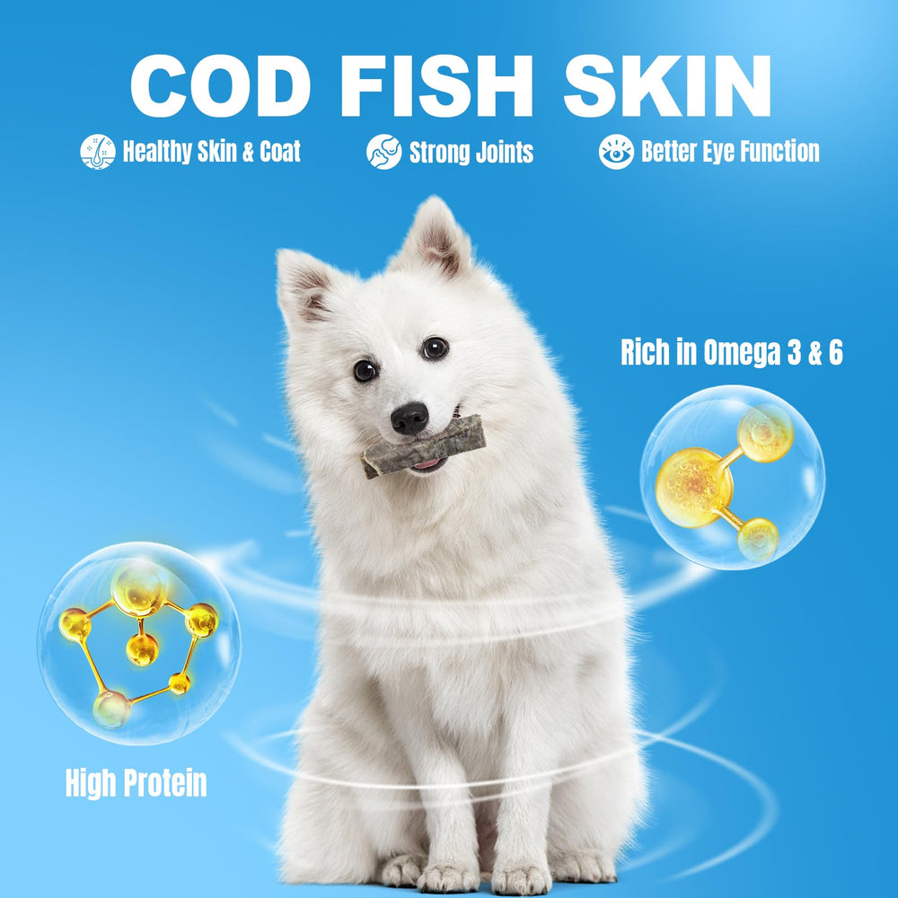 Amzey dried cod skin chews closeup highlighting crunchy texture ideal for teeth cleaning.