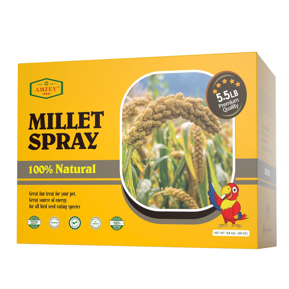 Amzey spray millet for parakeet on perch, natural enrichment snack.