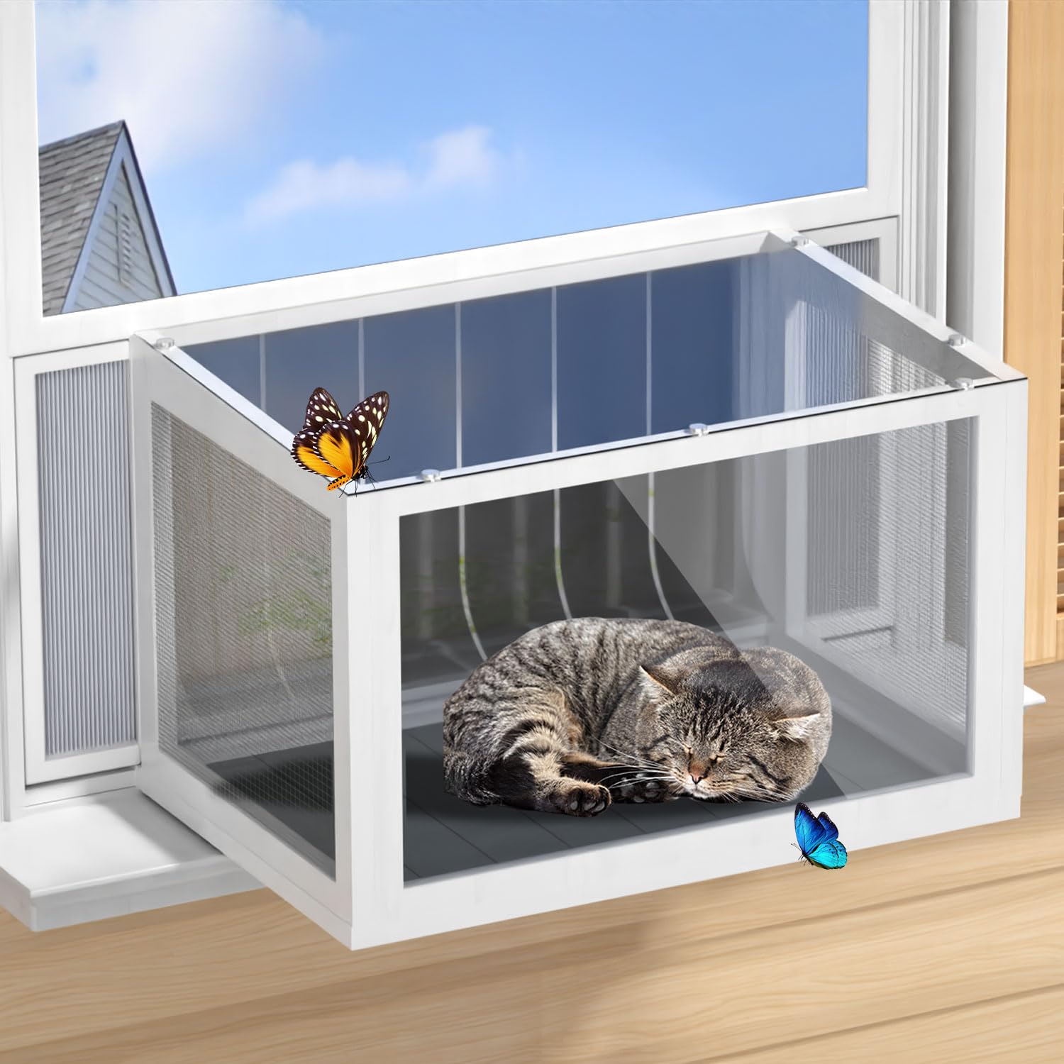 AMZOSS Cat Window Box Catio with clear panels for panoramic outdoor viewing.