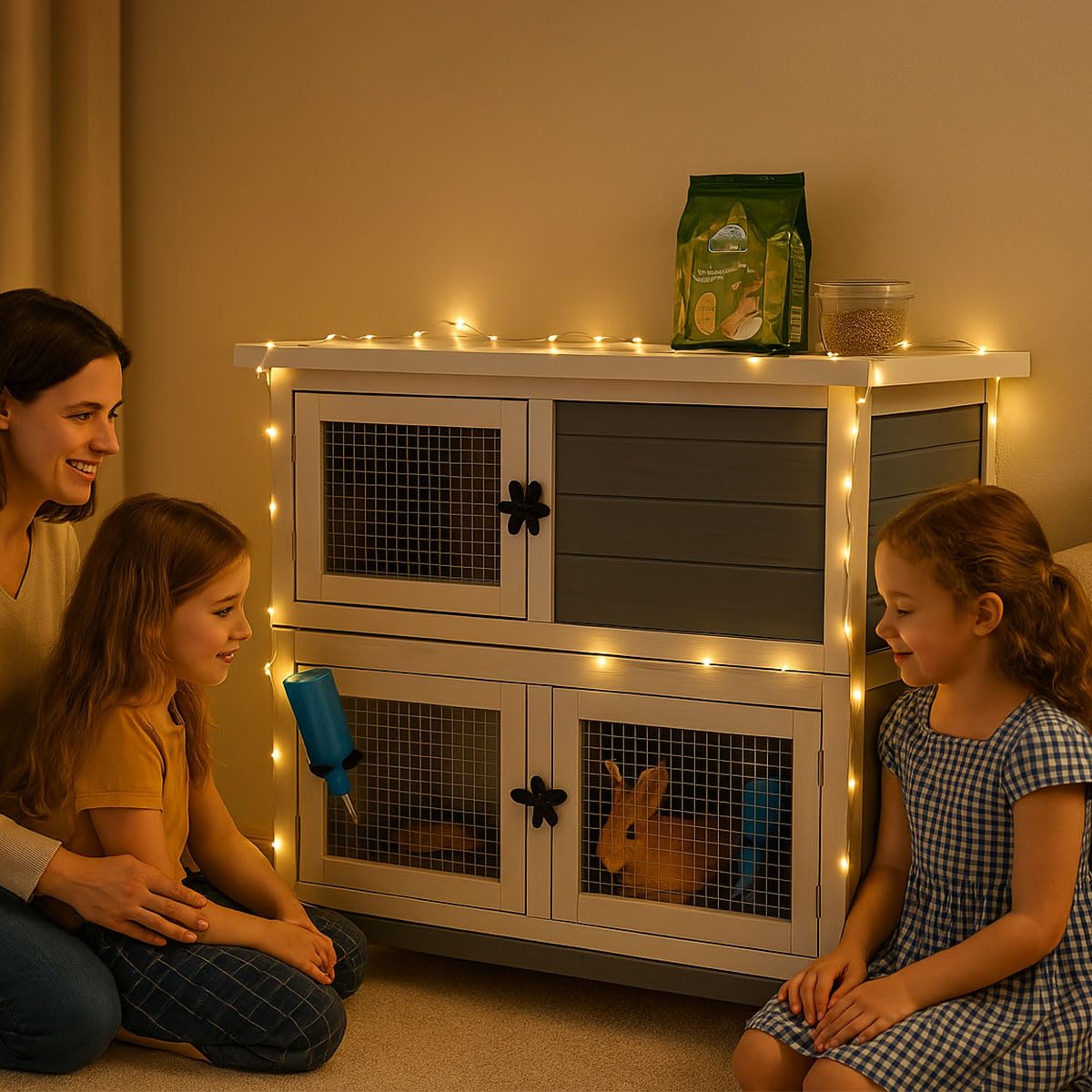 AMZOSS rabbit hutch front view shows waterproof roof and weather-ready design