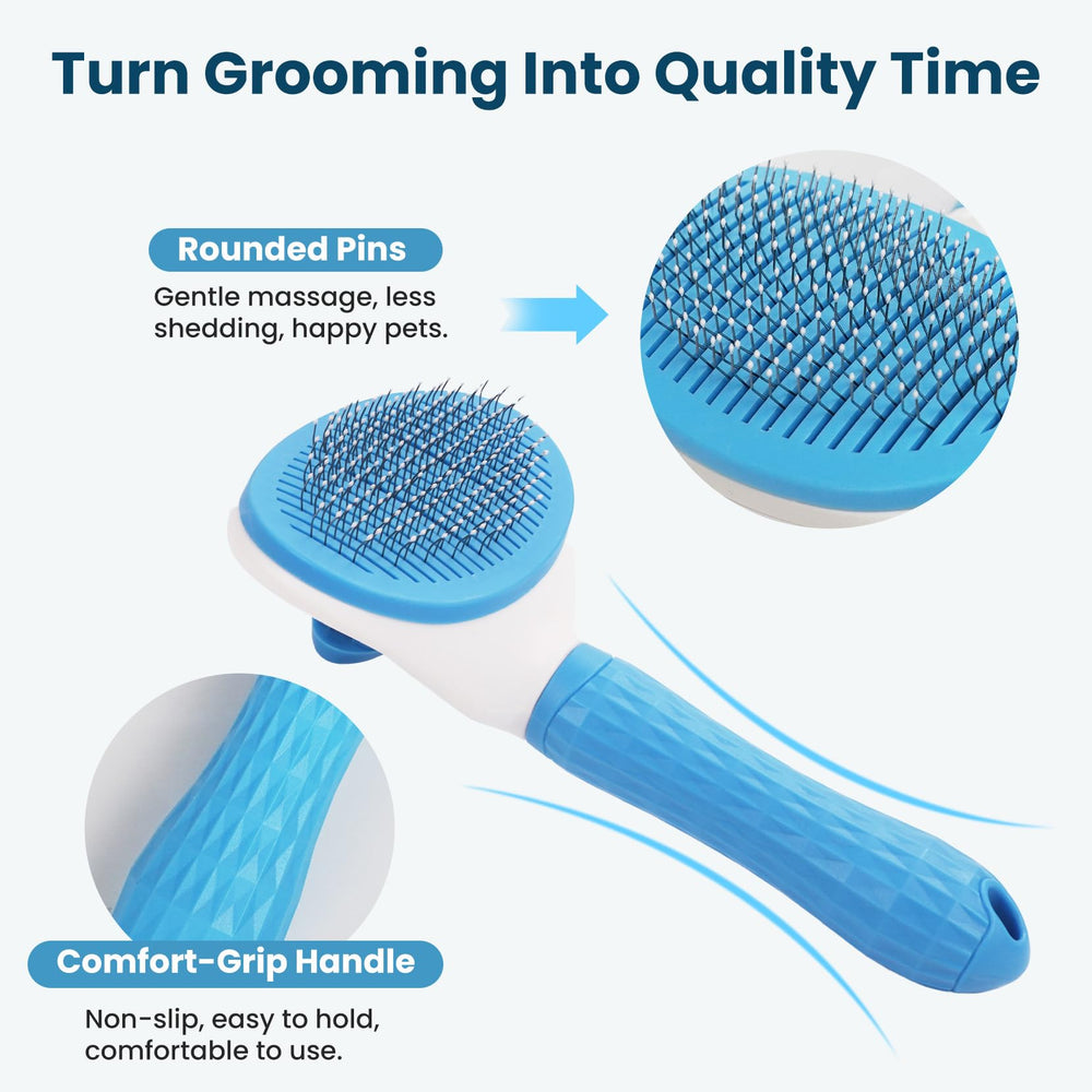 Analan self-cleaning brush button demonstrates quick fur release after grooming.