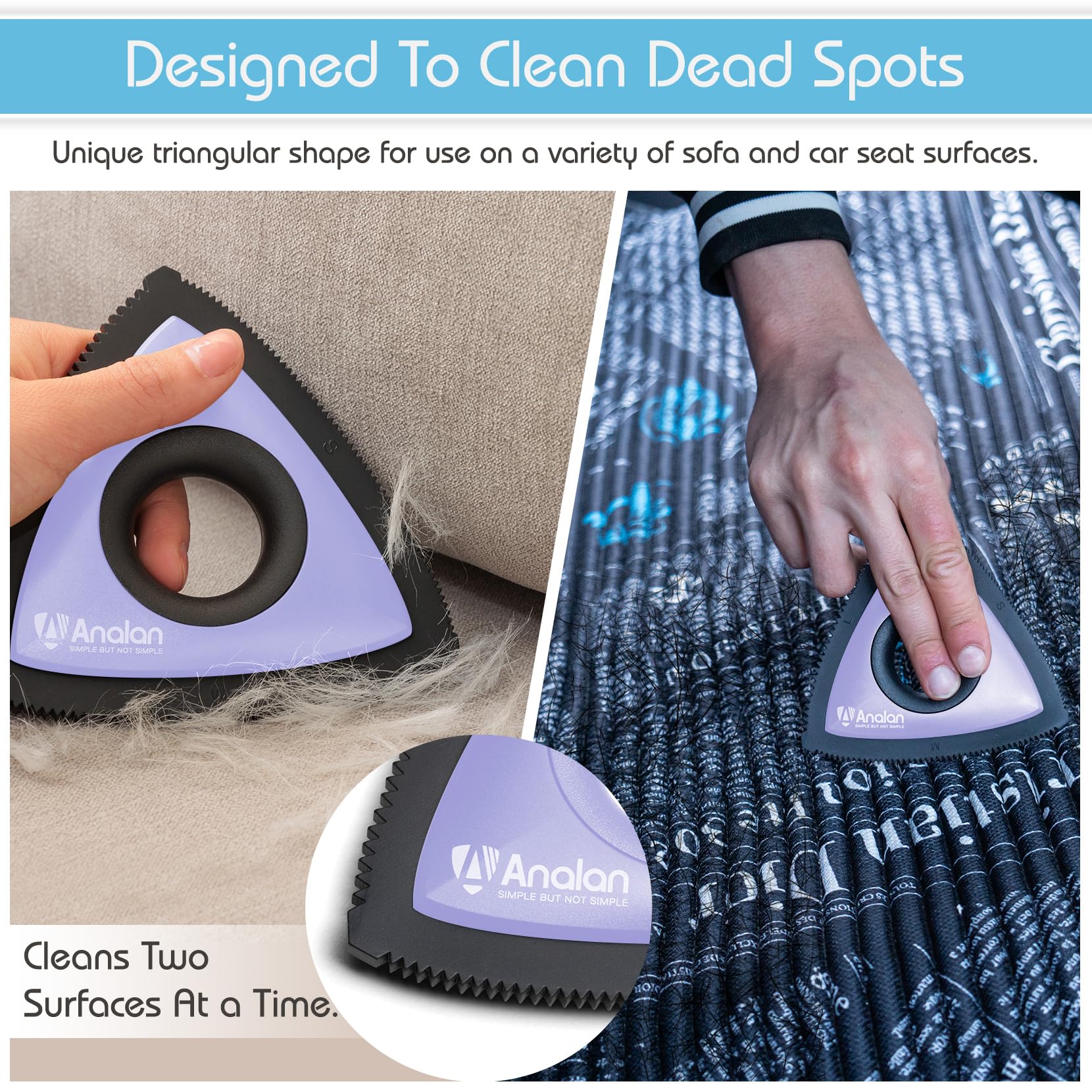 Analan mini pet hair remover triangle design demonstrates multi-angle fur gathering.