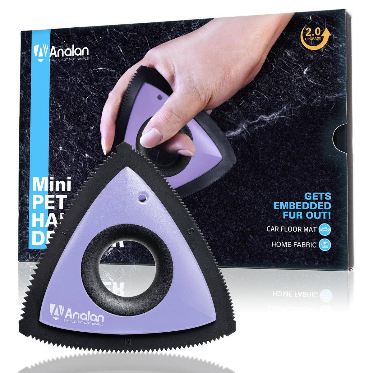 Analan mini pet hair remover triangle purple closeup for precise fur pickup on fabrics.