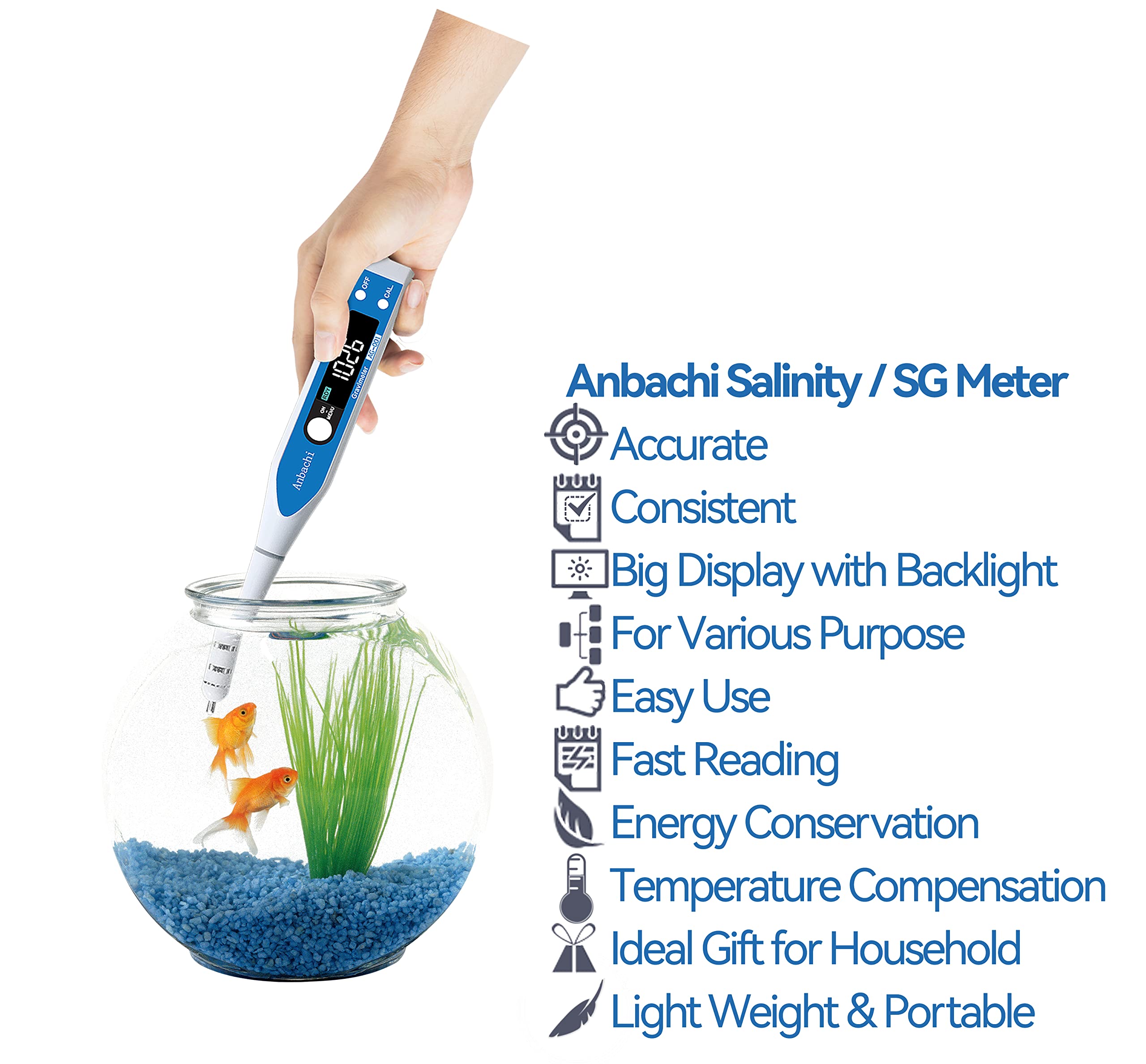 Anbachi meter powered by two AAA batteries for easy field testing.