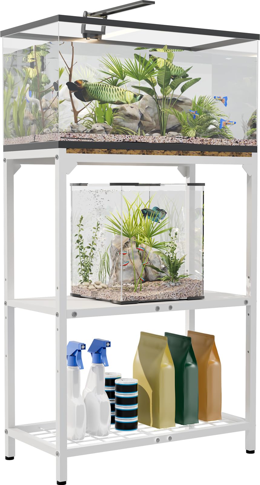 AnBaiMei aquarium stand top view highlights sturdy 3-tier design for compact organization.