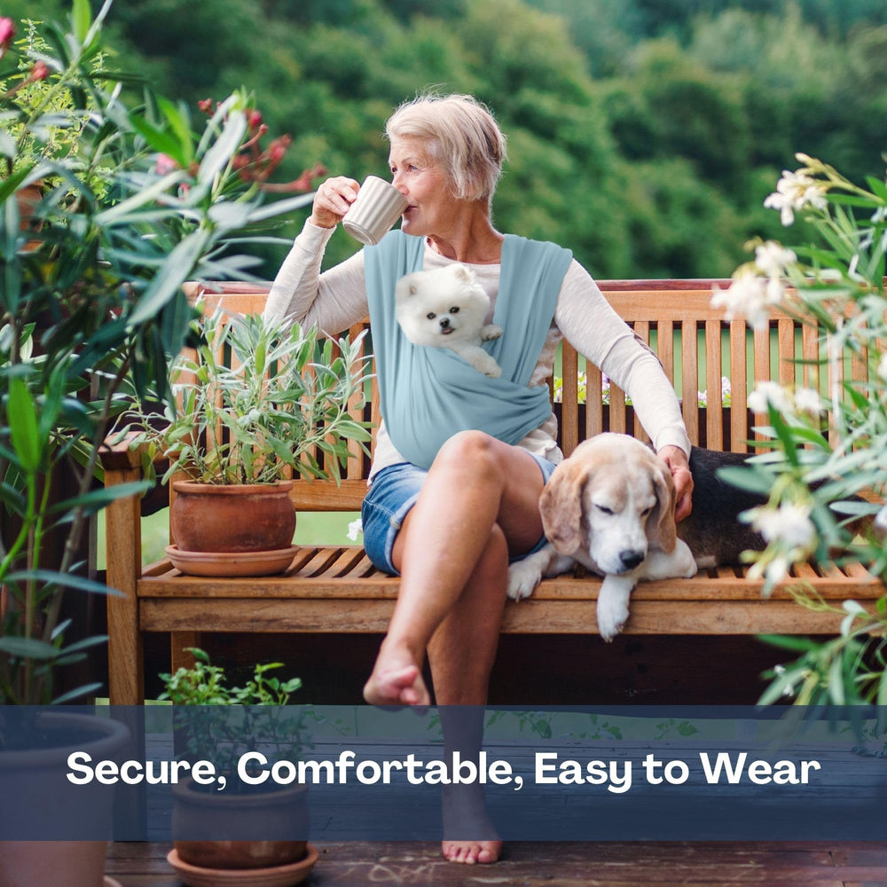 AnccoPlus wearable front carry for daily errands with pet close to chest.