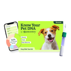 AncestryDNA dog DNA kit packaging for at-home testing and easy setup.