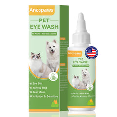 Ancopaws Eye Drops bottle for pet eye wash demonstrates gentle formula for daily care.