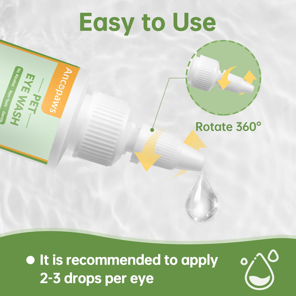Ancopaws tear-stain cleaner image demonstrates gentle daily maintenance of sensitive eyes.