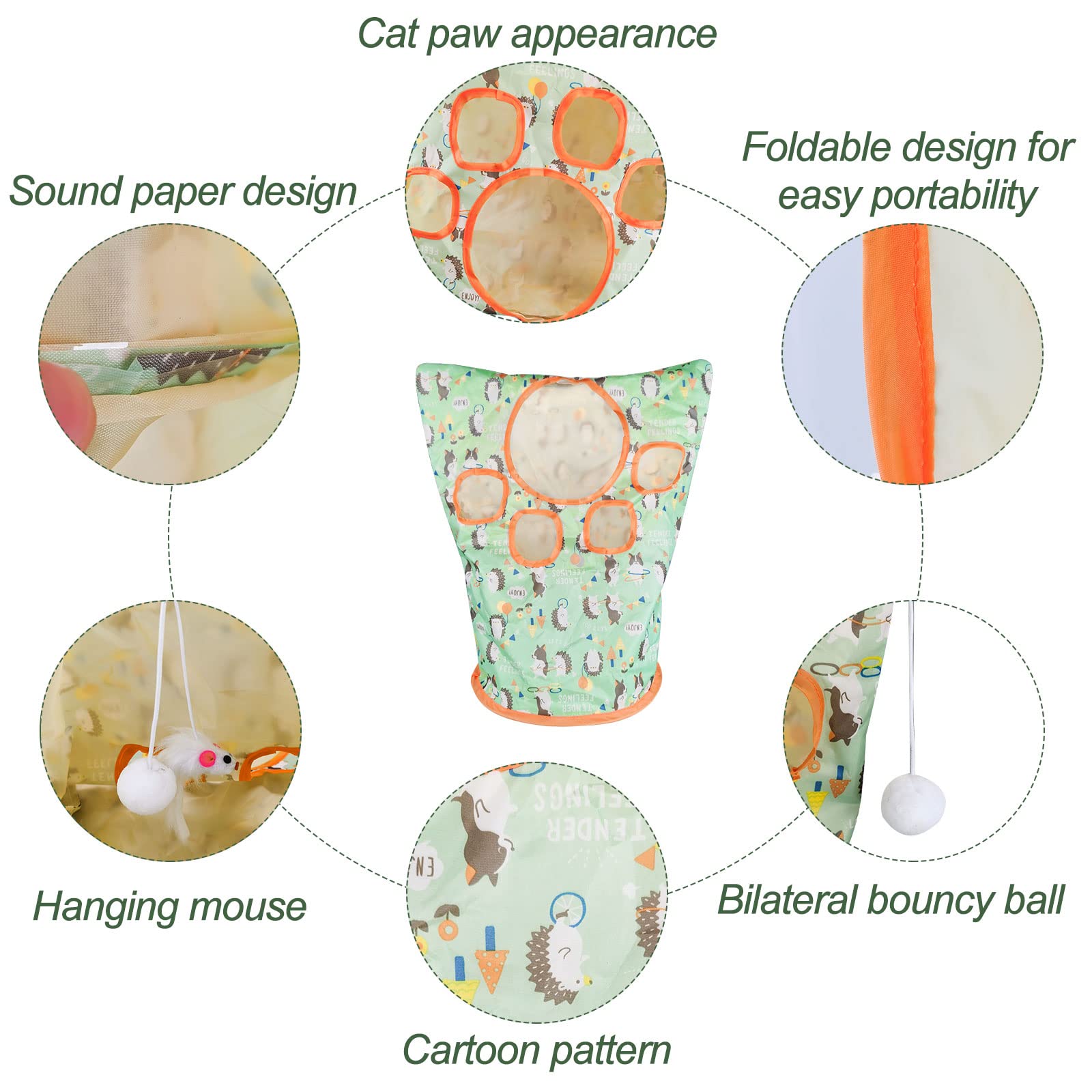 Andiker cat tunnel with 3 white plush balls for engaging batting.