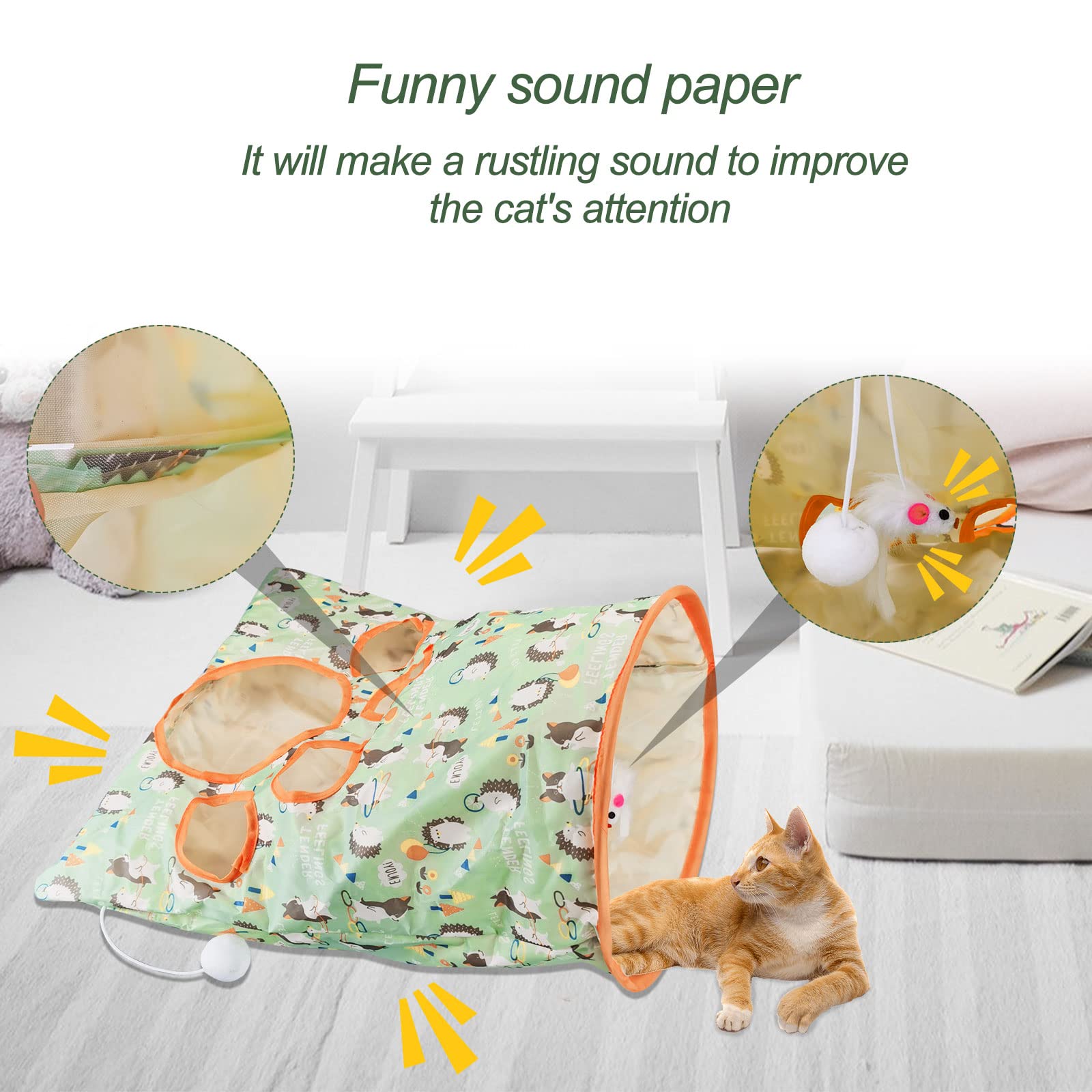 Andiker cat tunnel with hanging mouse and plush ball for hunting play.