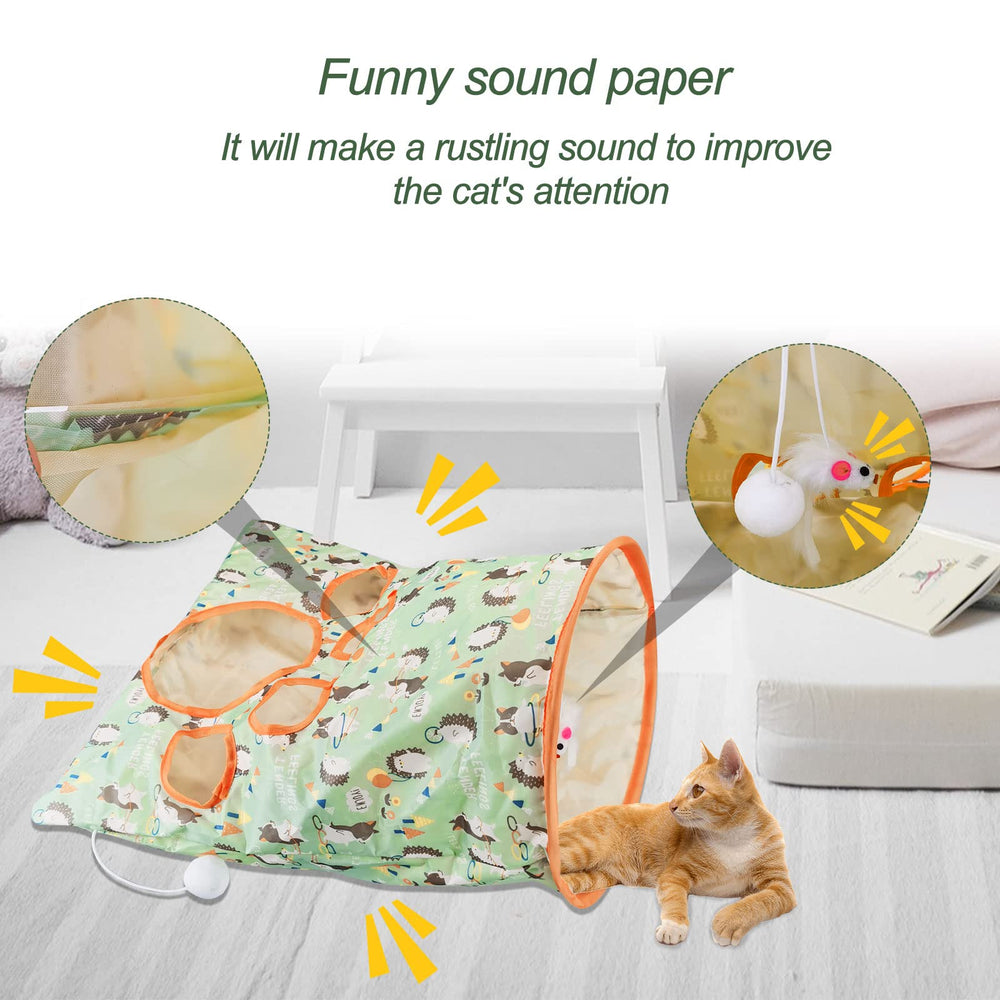 Andiker cat tunnel with hanging mouse and plush ball for hunting play.