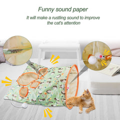 Andiker cat tunnel with hanging mouse and plush ball for hunting play.