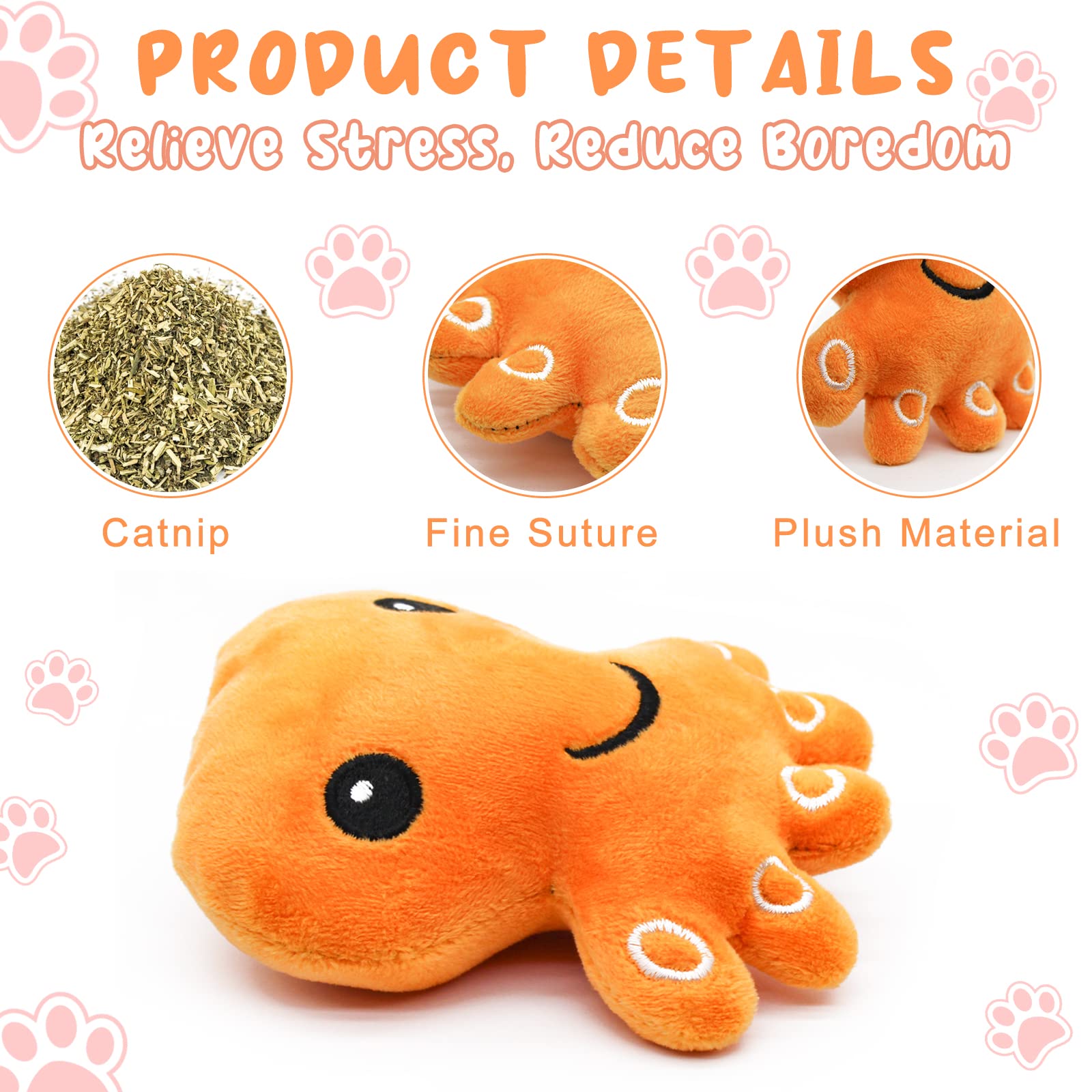 Andiker catnip toy octopus orange crinkle detail enhances interactive play