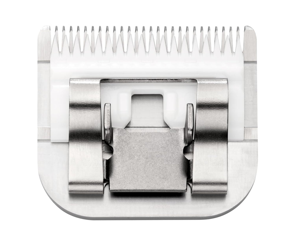 Andis Ceramic Edge size-10 blade closeup shows cooler operation for extended grooming.