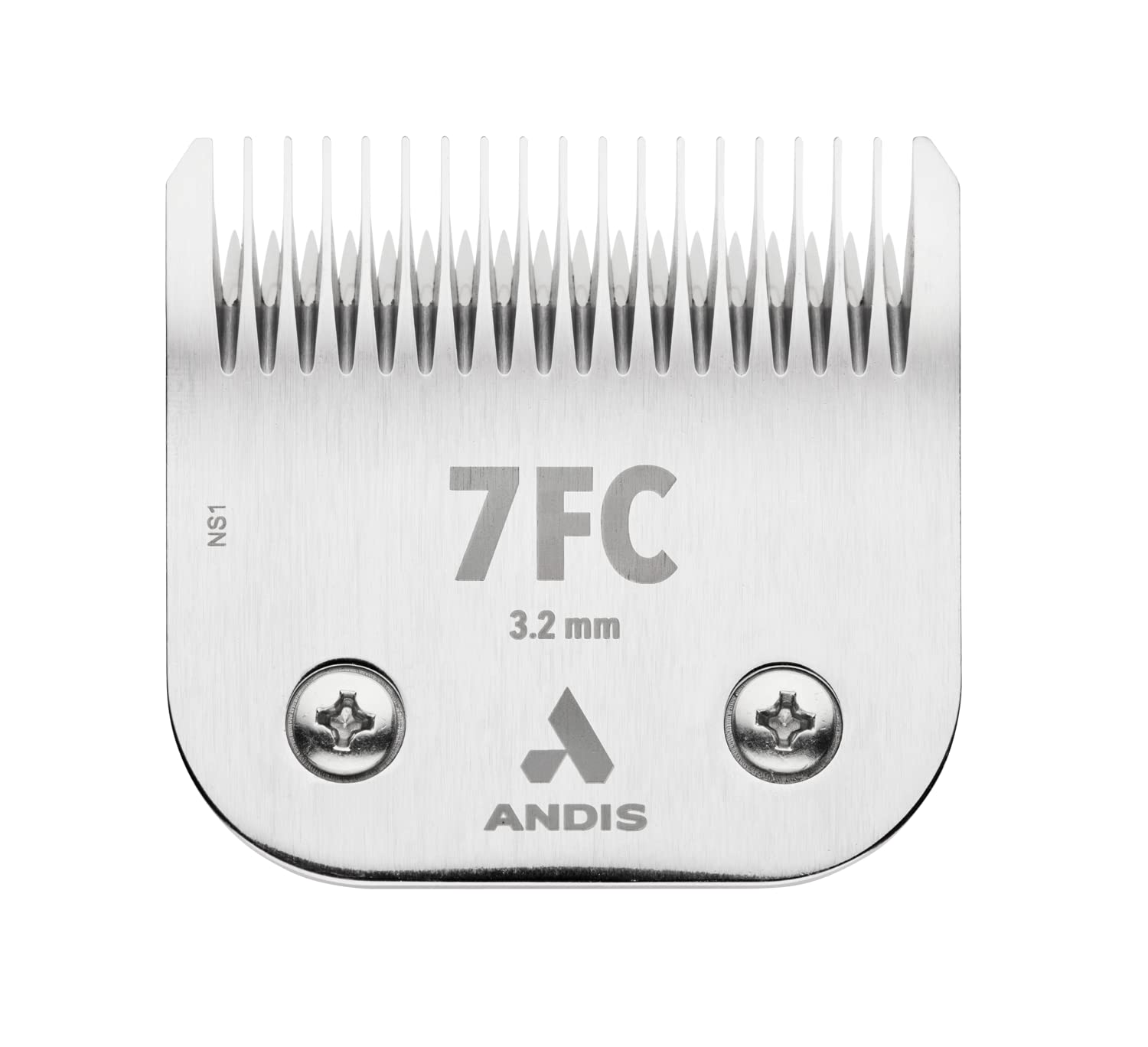Andis Ceramicedge 7FC blade close-up showing ceramic edge for cooler grooming and precise 1/8-inch cut for pets.