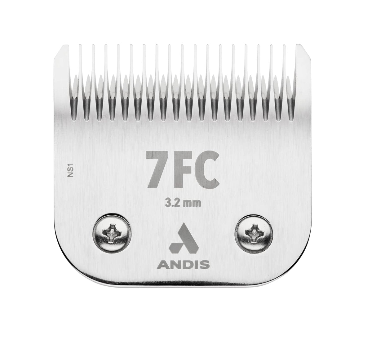 Andis Ceramicedge 7FC blade close-up showing ceramic edge for cooler grooming and precise 1/8-inch cut for pets.