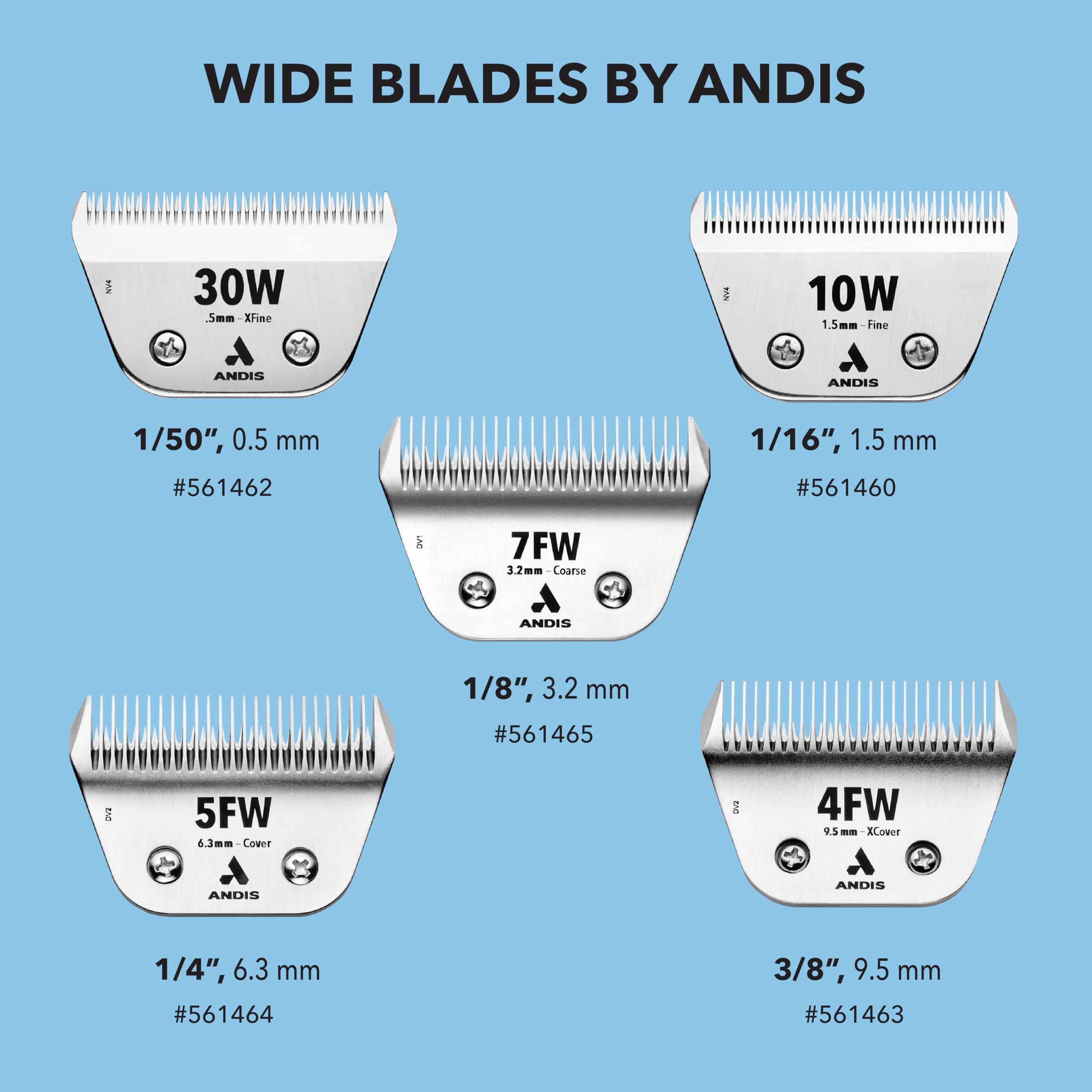 Andis ceramicEDGE Wide Blade 4FW stainless steel lower blade resists corrosion for durability.